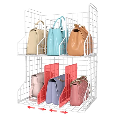 Purse Storage Organizer for Closet : Adjustable 2-Pack Dividers Handbag Organizer - Stackable Wire Handbags Storage Baskets -Open Cabinets Wallets Tote Chain Bags Clutches -White