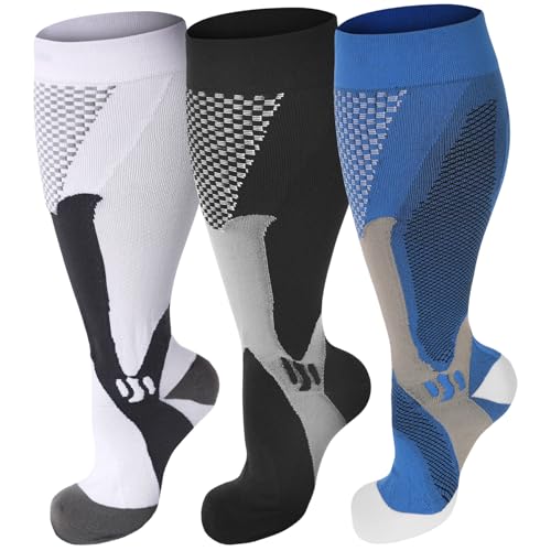 HYRIXDIRECT Compression Socks Men & Women 20-30 mmHg Sports Support 3X-Large White, Black, Blue