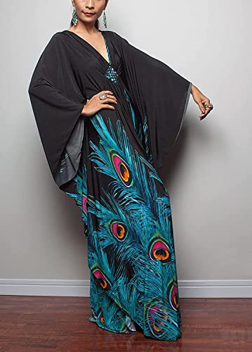Venasha Peacock Floral Print Caftan Dress - Short Sleeve Swimsuit Cover-Up for Summer