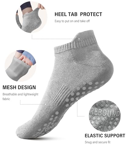 Non-Slip Pilates Socks for Women - 3 Pairs with Grips (Grey, White, Pink)
