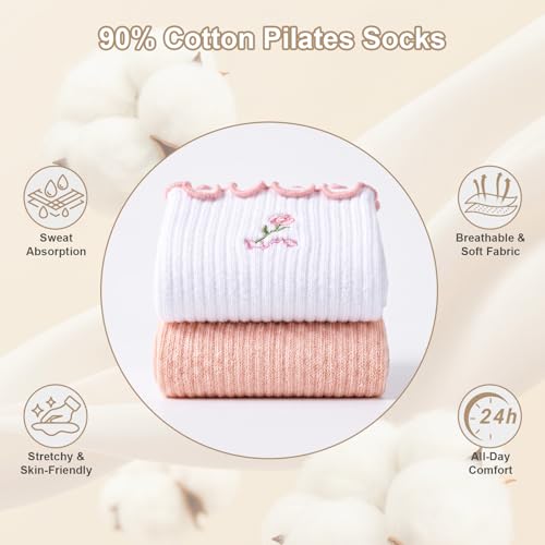 Non-Slip Pilates Grip Socks for Women - 2-Pack White Powder Flower & Pink Flower