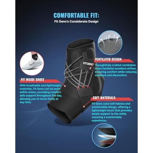 Fit Geno Ankle Brace for Sprained Ankles - Adjustable Breathable Support with Quick-Release Straps for Pain Relief and Swelling Reduction for Men and Women (Right M/L, Ankle size 9''-9.8'')