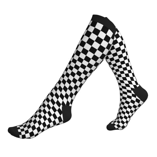 Mshutbna Compression Socks Knee High for Women & Men, Athletic Circulation Support, One Size (Black/White Plaid)