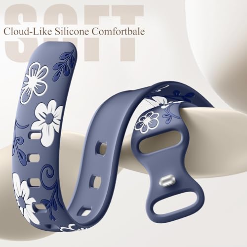 GEAK Blue Gray Floral Design Silicone Watch Band Compatible with Fitbit Sense/Sense 2/Versa 3/4 – Women & Men, Soft Engraved Strap Replacement