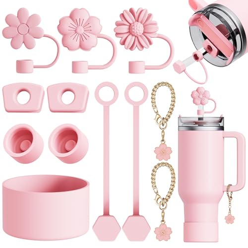 Stanley Cup Accessories Set - 3 Flower Straw Toppers, Silicone Boot, Spill-Proof Stoppers & Charms - Pink