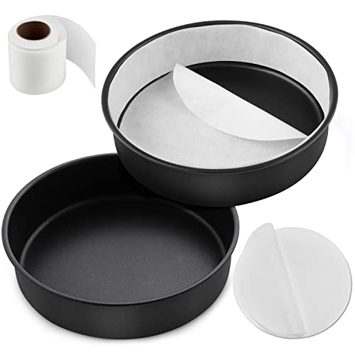 8 Inch Cake Pans Set of 2 with Nonstick Coating & Pre-Cut Parchment Paper (E-far)