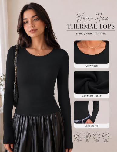 Ekouaer Black Medium Long Sleeve Micro Fleece Thermal Top for Women