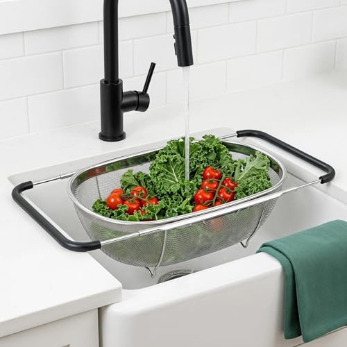 2 Pack Over Sink Oval Colanders - Stainless Steel Mesh Strainers with Expandable Handles, 6 Quart Capacity
