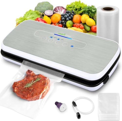 NutriChef Silver Automatic Vacuum Food Sealer with Starter Kit, Compact & Easy to Use