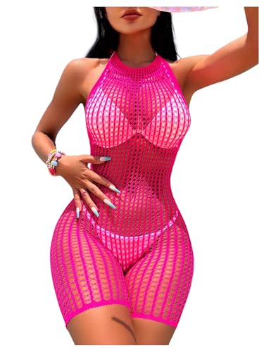 MakeMeChic Women's Fishnet Swimsuit Beach Coverup Shorts Romper - One Size Hot Pink