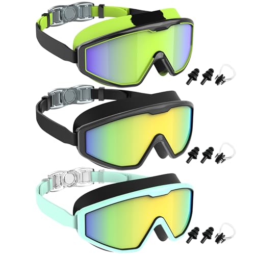 NSSIW Kids Swim Goggles 3 Pack - Anti-Fog, No Leak, Nose Clip & Earplugs - Black Green & Gold Variants