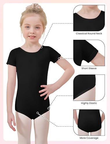 Girls Cotton Ballet Leotard Toddler Gymnastics Short Sleeve 12-14 Years - Black