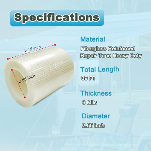 RV Awning Repair Tape for Canvas and Boat Covers,Tear Repair Patch Kit, Tent Repair Tape for Tarp, RV Awning,Sail Tape etc,Heavy Duty and Waterproof,3.15 inch x 39 FT