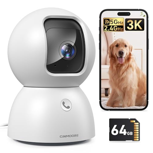 Indoor Camera, 3K Security Camera with 64GB Card, Dog/Cat/Pet Camera, 5G 2.4G Wi-Fi, Human/Pet/Facial AI Detection, 360 Pan Tilt Auto Tracking, 5MP Night Vision, Privacy Mode, Two-Way Audio