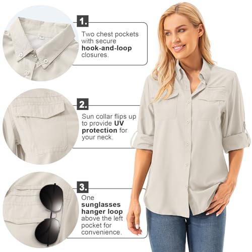 Jessie Kidden Women's SPF Sun Safari Long Sleeve Quick Dry Hiking & Fishing Shirt - Small Light Khaki