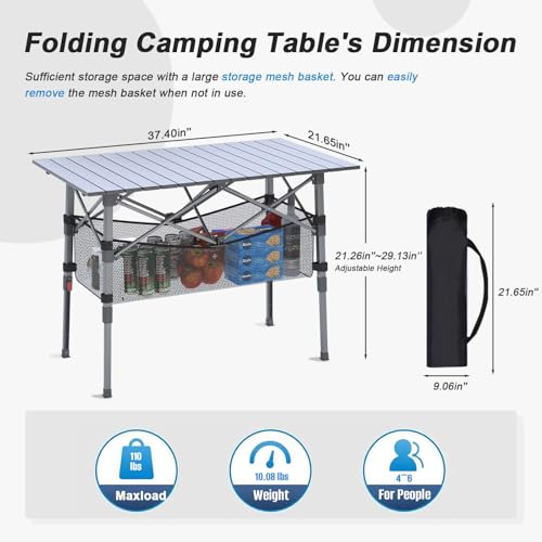 ARMOR CASTLE Adjustable Height Portable Camping Table with Storage Basket - Black, 37" Medium