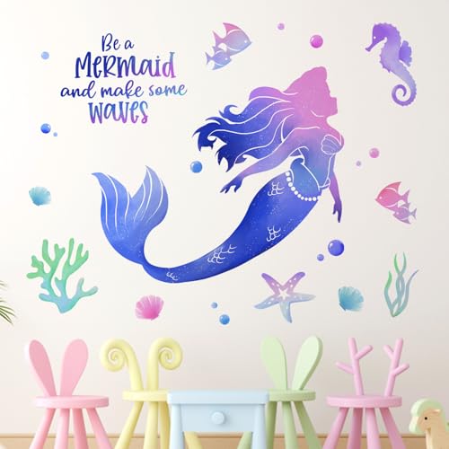 Yovkky Be a Mermaid Gradient Wall Decals Stickers, Under The Sea Ocean Creatures Starfish Seahorse Baby Nursery Decor, Beach Coastal Coral Conch Fish Bubble Home Decorations Girls Bedroom Playroom Art