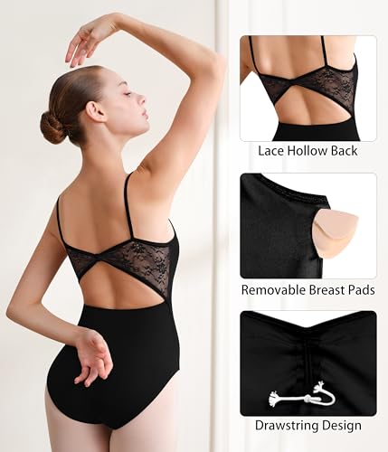 Women Camisole Leotard with Lace Hollow Back - Black, Small, Tegmk