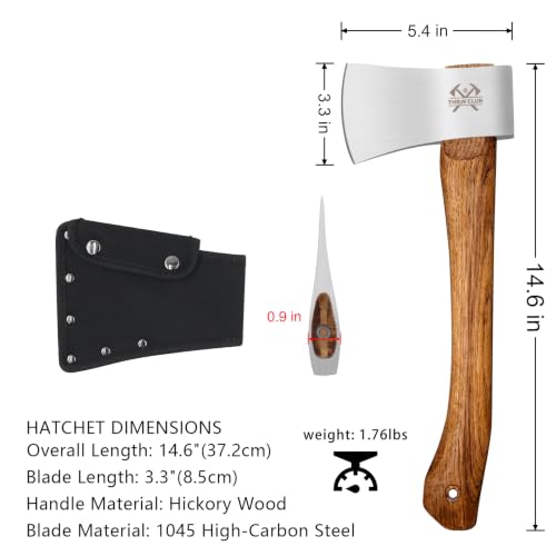 Camping Hatchet 14.6 Inch Survival Axe with Sheath, High-Carbon Steel Blade & Hickory Handle