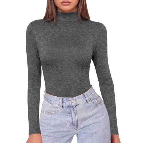 Women's Fitted Long Sleeve Turtleneck Thermal Base Layer Top - Dark Grey, Medium