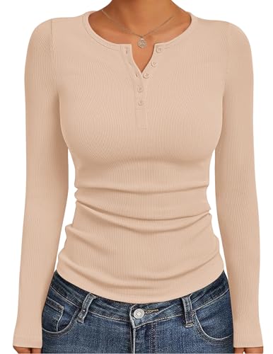 Henley Long Sleeve Thermal Shirt - Ribbed Knit, Medium Beige