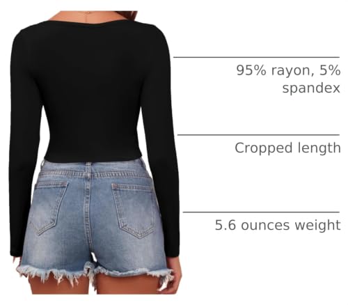 Women's Long Sleeve Crop Top - Casual Slim Fitted - Black, Medium