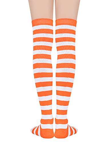 Thigh High Striped Socks - Extra Long Tube for Women - One Size Orange/White