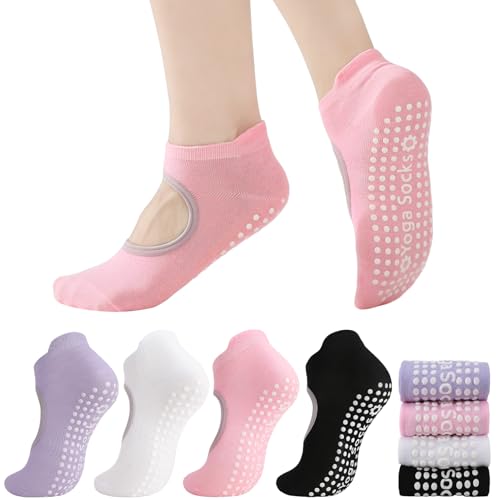 Non-Slip Yoga Socks for Women - Pilates Grip Socks - 4 Pack Pink White Black