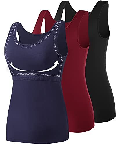 AMVELOP Women's Tank Tops with Built-in Bra 3-Pack XX-Large Black, Wine Red, Dark Blue