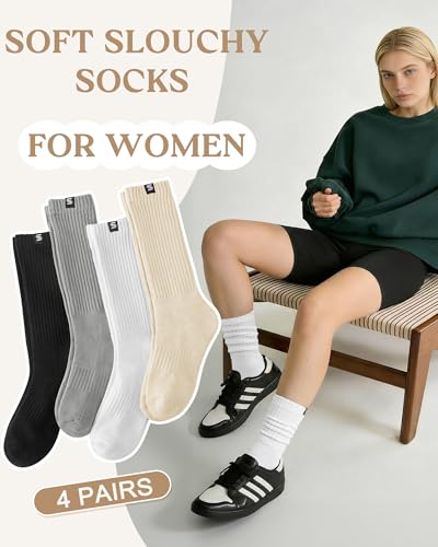 Womens Scrunch Slouch Socks - Long Boot Socks, Black, Grey, White, Light Beige
