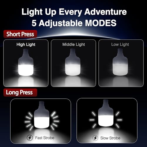 Camping Lantern LETOUR Dimmable 8800mAh LED Light Bulb 5 Lighting Modes Rechargeable Hanging Tent Light 5000 Lumen Portable Emergency Lantern Power Failure Emergency Survival Kits Snowstorm
