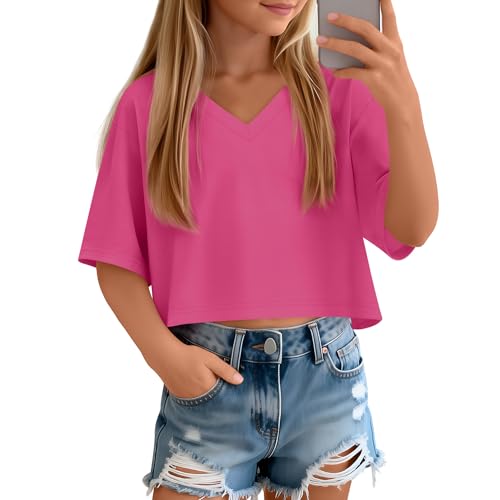 Girls Oversized V-Neck Crop Top - Breathable Athletic Shirt Ages 5-14