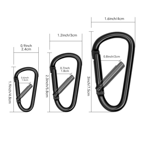 Black Carabiner Clip Set - Mini 2 Inch & Large 3 Inch, 6pcs