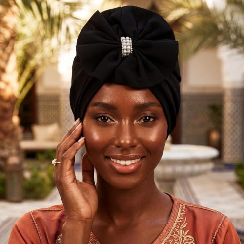 Flower Turban Beanie with Rhinestone Pearl Knot - Headwrap for Women