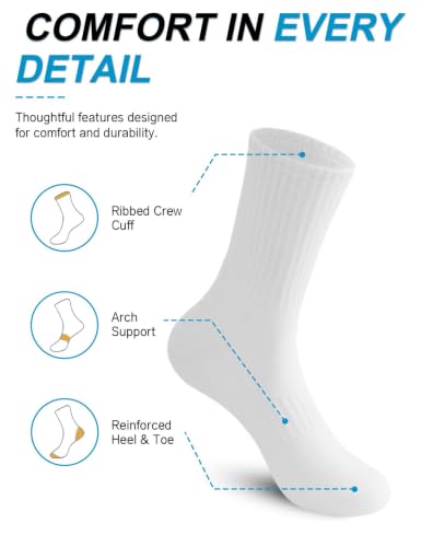 Rehelu Men's Thin Cotton Crew Socks 5 Pairs - Athletic Running Gym Socks, Size 9-11, White