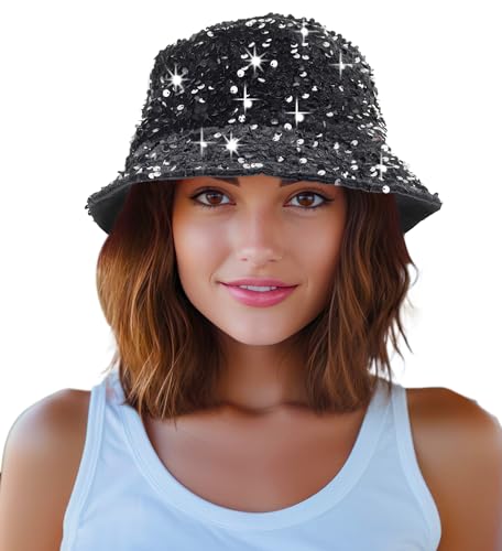 Shiny Glitter Sequin Bucket Hat for Women - Medium Black