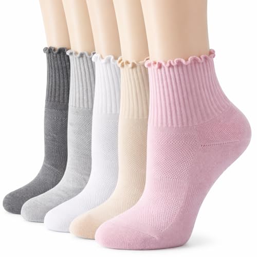 LOOMPOP Women’s Ruffle Mini Crew & Ankle Socks, 5-9 Pairs Cotton Cushioned Athletic Socks (Multicolor) for Running & Tennis