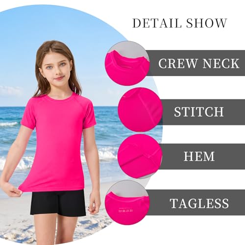 UPF 50+ Kids Rash Guard Short Sleeve Swim Shirt - Hot Pink, Age 7-8