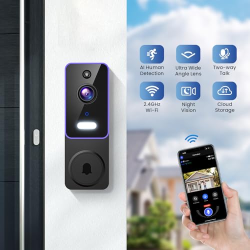 Video Doorbell Camera Wireless with Doorbell Receiver, Battery Powered, AI Human Detection, 2-Way Talk, 2.4G WiFi Only, Cloud Storage, Night Vision (Purple)