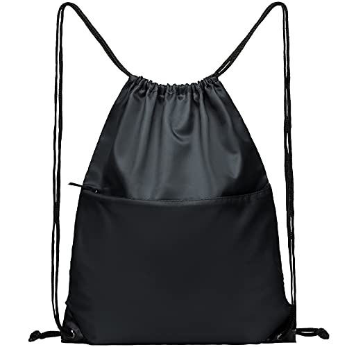 BuyAgain Black Drawstring Sports Backpack Water-Resistant Gym Sack for Men Women