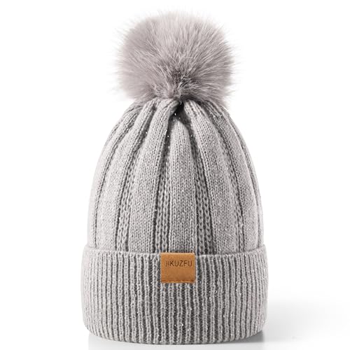 Women's Winter Beanie Hat, Fleece Lined Knit Cap with Faux Fur Pom Pom - Lightgrey