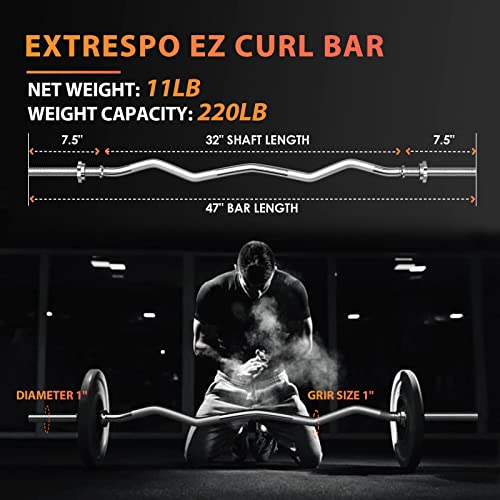 ExtreSpo 47-Inch EZ Curl Barbell with Star Collars, Silver, 1-inch Olympic Weightlifting Bar for Gym & Home