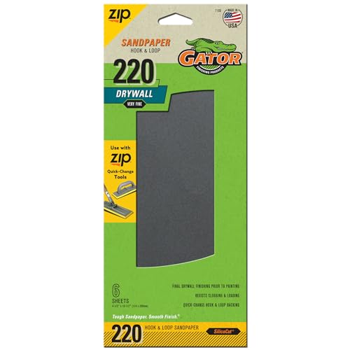 Gator 7160 Hook and Loop Very Fine 220-Grit Drywall Sheet Sandpaper, 4.5 x 10.5 Inch, 6 Sheets