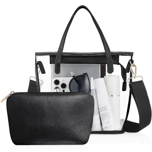 Clear Tote Bag for Women - Stadium Approved with Adjustable Straps - Black