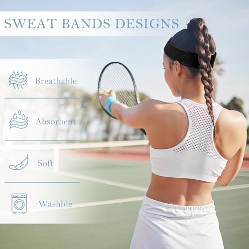 Cotton Terry Sweat Headbands Set - 4 Pack for Running & Gym - Black
