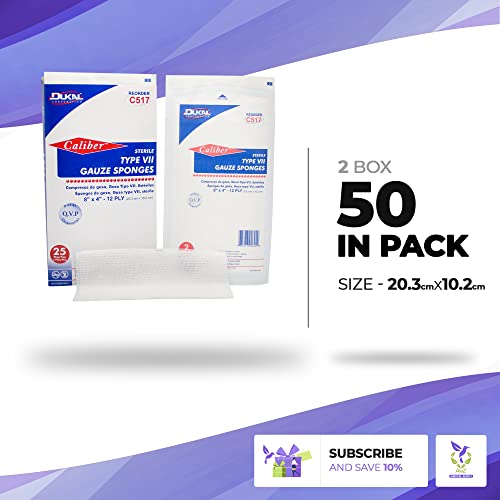 Dukal Type VII Gauze Sponges 8" x 4". Pack of 50 Sterile Wound Pads