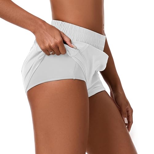 Women's High Waisted Running Shorts - Quick Dry Athletic Workout Shorts - Small White