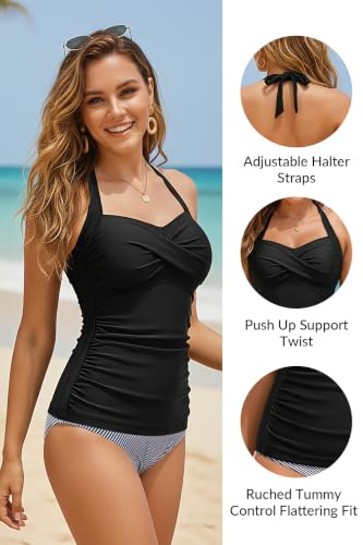 Talisea Women Halter Tankini Bathing Suit Top with Tummy Control – Black, Large