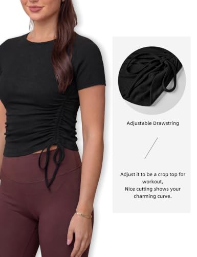 Yoga Tops for Women Long & Short Sleeve Ruched Side Drawstring X-Large Black