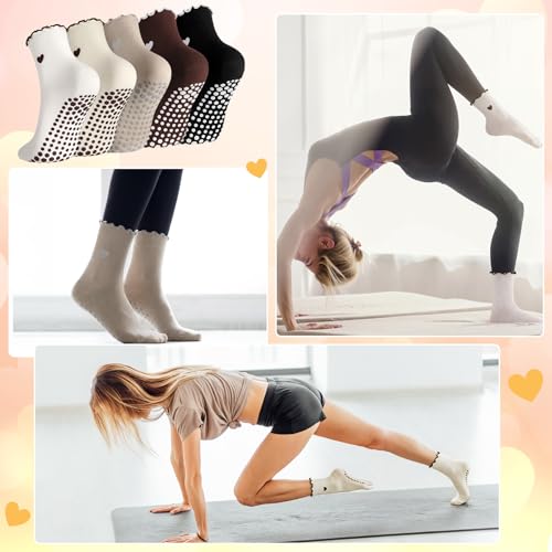 Cute Grippy Pilates Socks - Non-Slip Ruffle, 5 Pairs, Size 4.5-8.5 - White, Black, Beige, Khaki, Coffee Brown